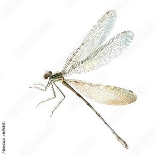 A slender watercolor damselfly with thin body and clear, delicate wings isolated on a white background