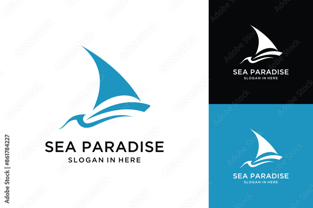 Sail Boat Ship Vessel and sea wave vector logo design Sail Boat Ship Vessel and sea wave vector logo design