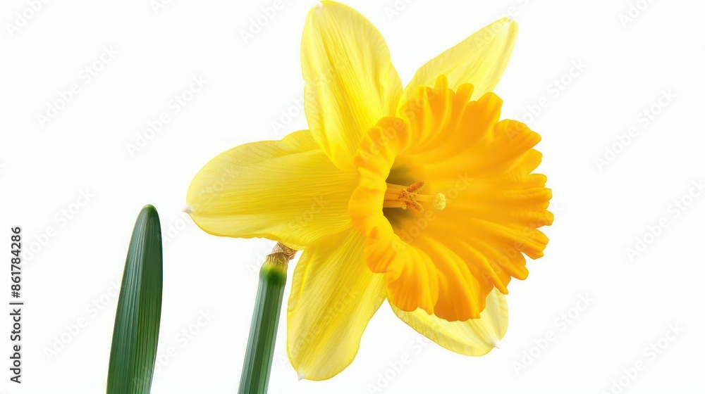 Fototapeta premium A sunny daffodil with a trumpetshaped corona and vibrant yellow petals isolated on a white background