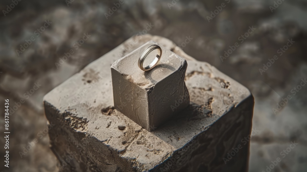 Professional close up product studio photo, standing ring on a stone. Commercial photography. Minimalist style Professional close up product studio photo, standing ring on a stone. Commercial photography. Minimalist style