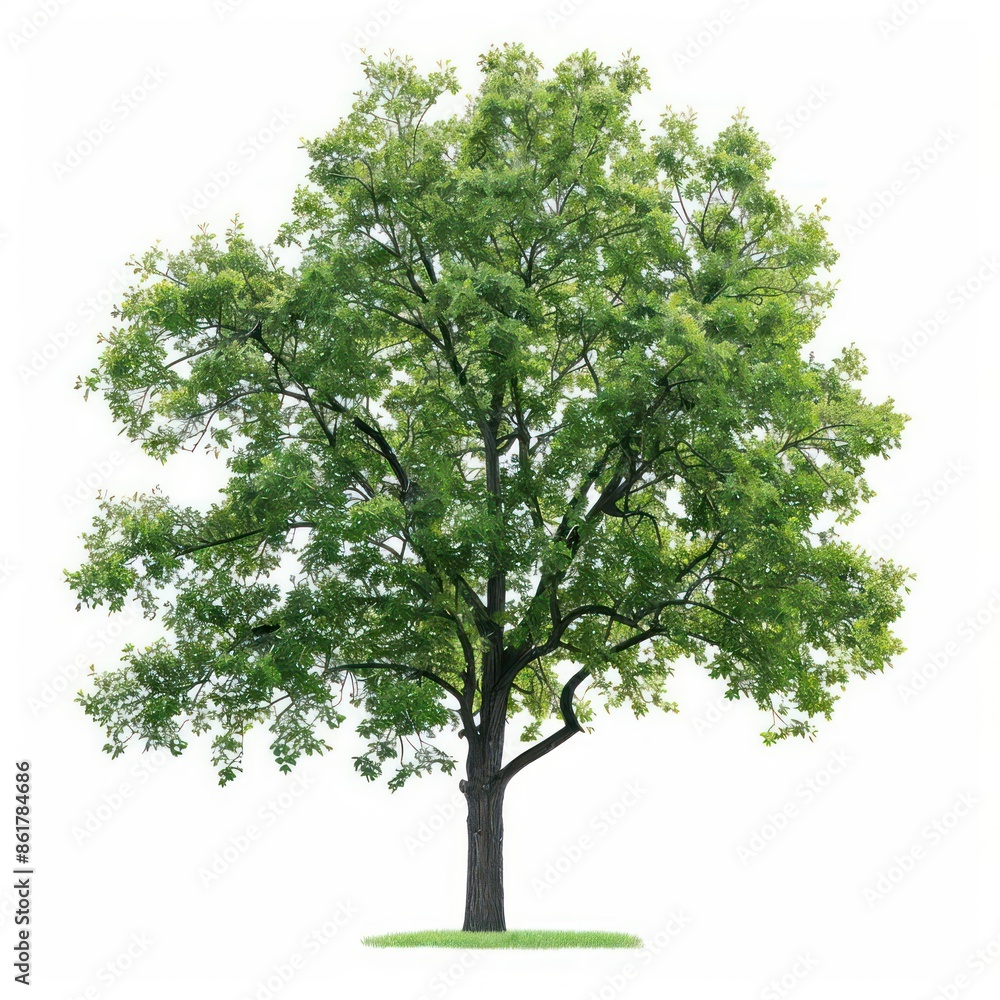 Fototapeta premium A tall ash tree with a broad canopy and compound leaves isolated on a white background