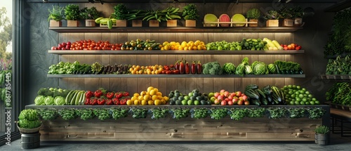 Futuristic 3D Organic Market Stall with Fresh Produce in Industrial Setting with Copy Space © Plumeria