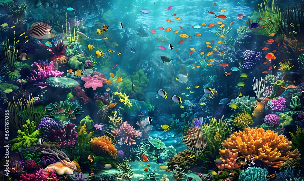 Naklejka premium A vibrant underwater scene showcasing a diverse coral reef teeming with colorful fish and marine creatures