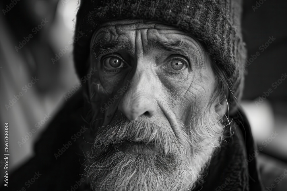 poignant black and white street portrait of a solitary homeless individual gritty urban backdrop emphasizes subjects isolation harsh lighting accentuates weathered features and emotional depth poignant black and white street portrait of a solitary homeless individual gritty urban backdrop emphasizes subjects isolation harsh lighting accentuates weathered features and emotional depth