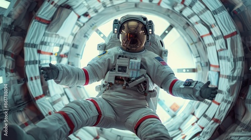Astronaut in a spacecraft looking out of a circular window. photo
