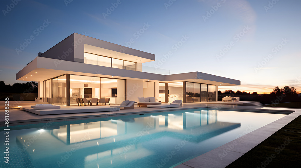 Fototapeta premium Luxury House with Pool at Sunset