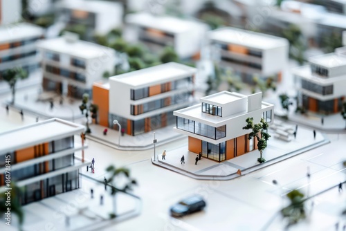 An urban planning small figure model highlighting mixeduse development and pedestrianfriendly layouts isolated on a white background photo