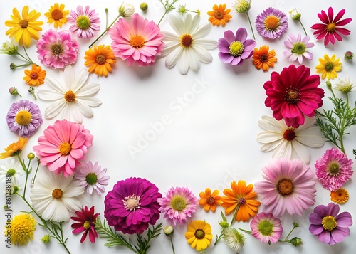 Beautiful summer garden flowers. Cosmos, aster, coreopsis, zinnia, daisy flower frame border isolated on white background. Creative layout. Flat lay, top view. Design element