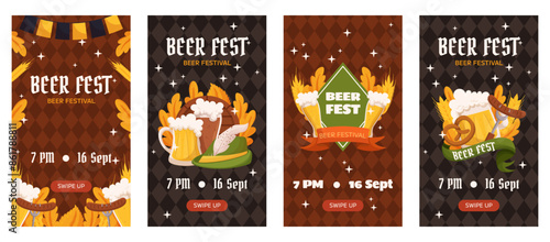 Beer festival vertical social media stories collection template. Design with glass of beer, wheat and leaves, banner ribbon and other festive objects on dark rhombus background
