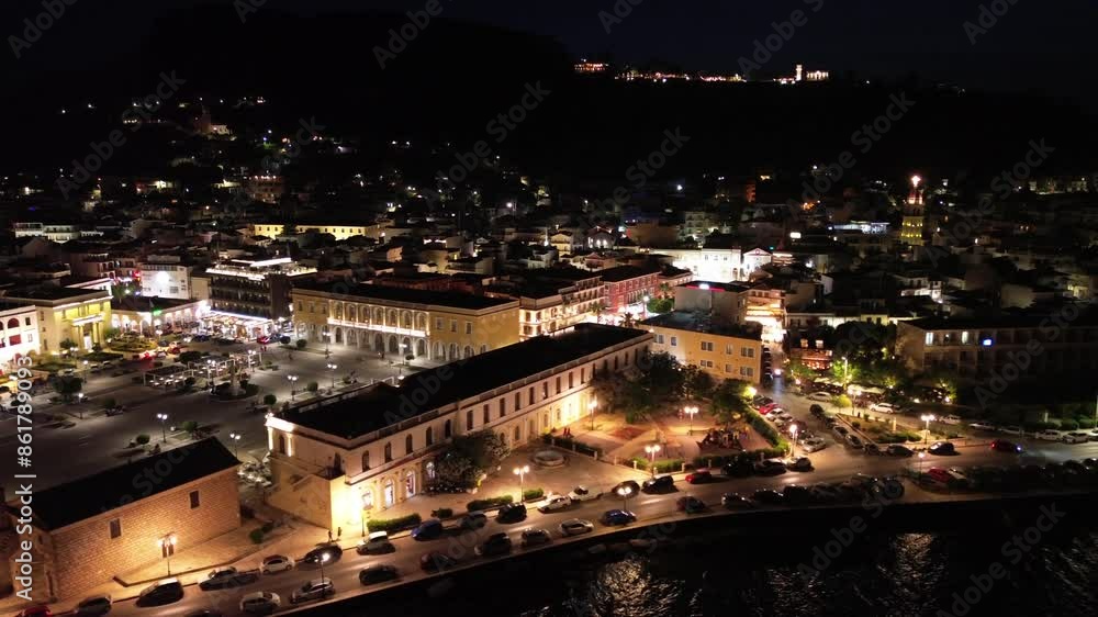 Aerial panoramic night view over Solomos square in Zakynthos island, Greece Aerial panoramic night view over Solomos square in Zakynthos island, Greece