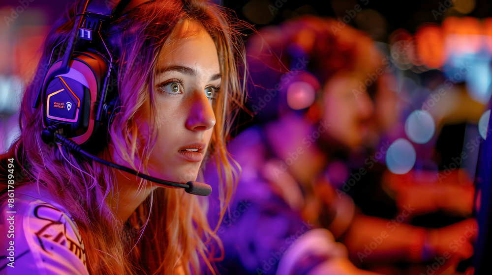 Female pro gamer in headphones live streaming while playing online computer game, neon lights. Esports gaming oncept Female pro gamer in headphones live streaming while playing online computer game, neon lights. Esports gaming oncept