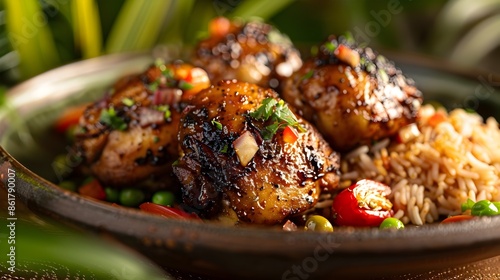 Savory and Aromatic Jamaican Jerk Chicken Dish Immersed in Vibrant Caribbean Ambiance and Lush Tropical Foliage