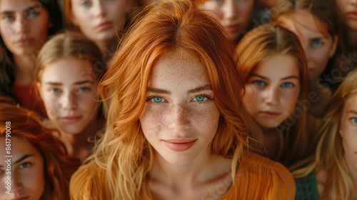 Standing out from the crowd concept with a woman looking at the camera from a large crowd of people,
