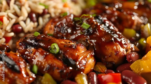Flavorful Jamaican Jerk Chicken Meal with Vibrant Caribbean Carnival Backdrop