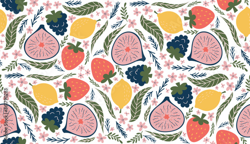 Whimsical seamless pattern featuring illustrations of blackberries, lemons, halved figs, red strawberries, pink flowers, and green leaves, arranged in a kaleidoscope-like design. 