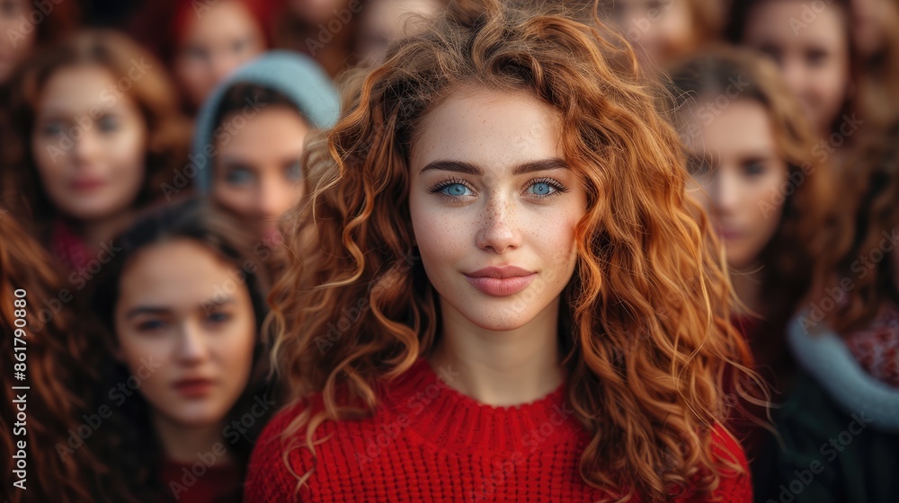 Standing out from the crowd concept with a woman looking at the camera from a large crowd of people, Standing out from the crowd concept with a woman looking at the camera from a large crowd of people,