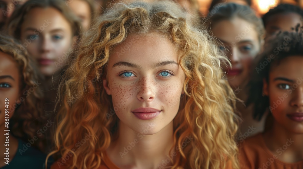 Standing out from the crowd concept with a woman looking at the camera from a large crowd of people, Standing out from the crowd concept with a woman looking at the camera from a large crowd of people,