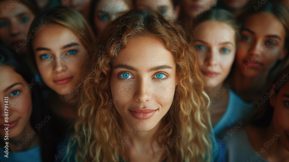 Standing out from the crowd concept with a woman looking at the camera from a large crowd of people, Standing out from the crowd concept with a woman looking at the camera from a large crowd of people,