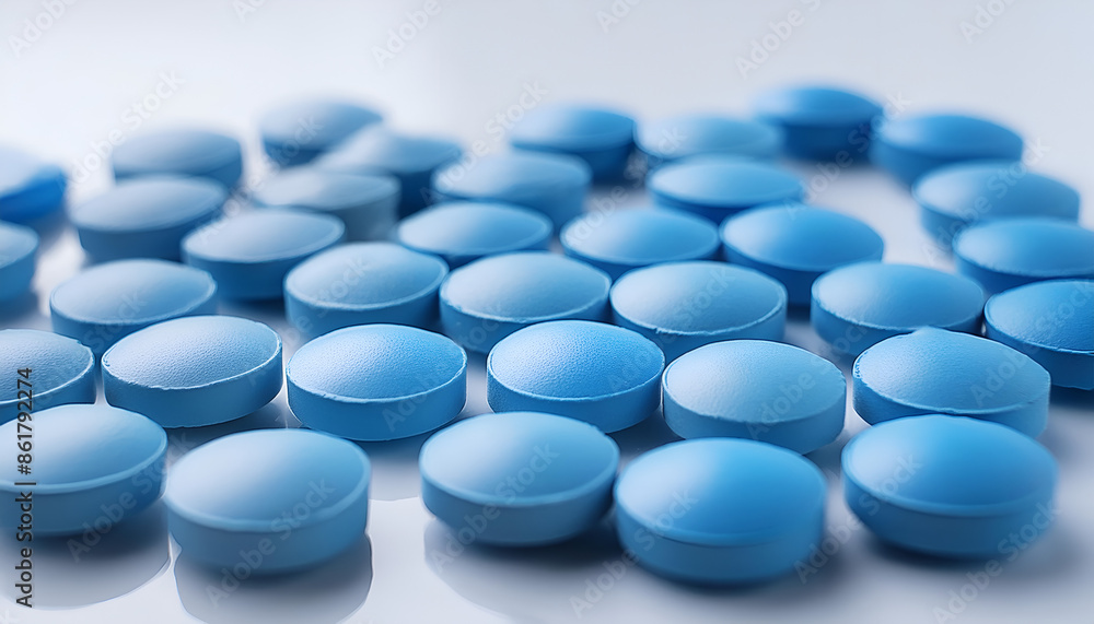Close-Up View of Scattered Blue Pills on White Surface Close-Up View of Scattered Blue Pills on White Surface