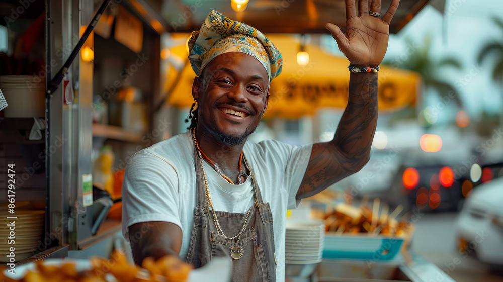 Businessman and chef, owner of a food truck, happy and waving in front ...