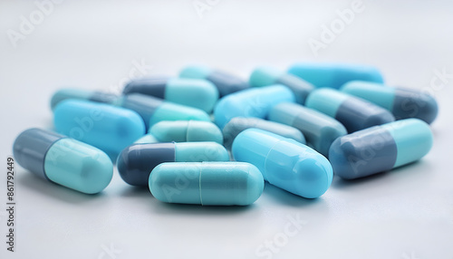 Close-up of Blue and Dark Blue Capsules on a White Surface