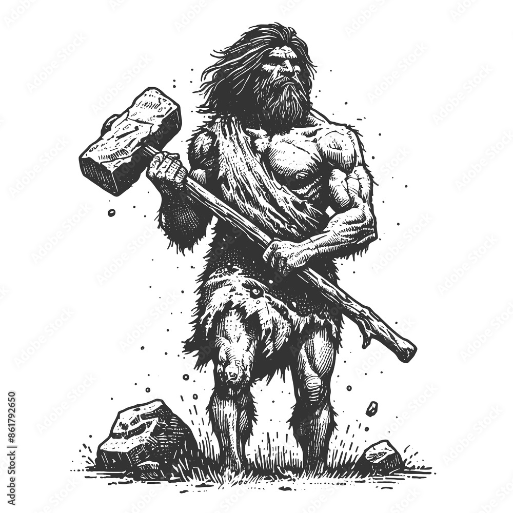 cave prehistoric man with stone hammer sketch engraving generative ai ...