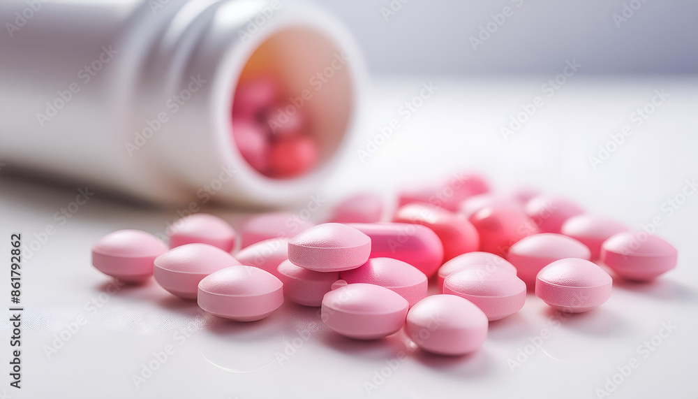 White Pill Bottle Spilled Pink Pills on White Surface White Pill Bottle Spilled Pink Pills on White Surface