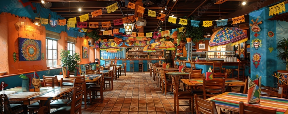 Naklejka premium A lively Cinco de Mayo fiesta with mariachi music, dancing, and colorful decorations.