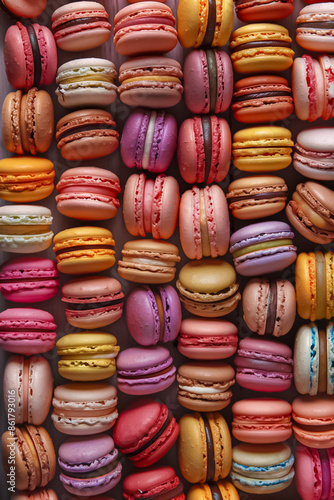 A close up of many different colored macarons