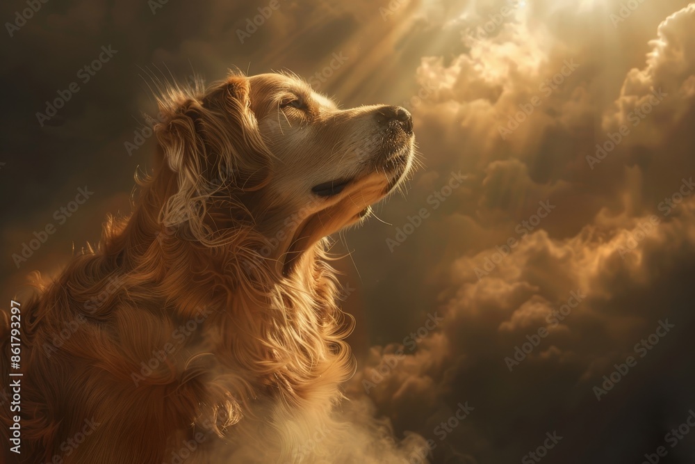Golden retriever breaks free, transitions towards light, symbolizing journey beyond earthly woes Golden retriever breaks free, transitions towards light, symbolizing journey beyond earthly woes