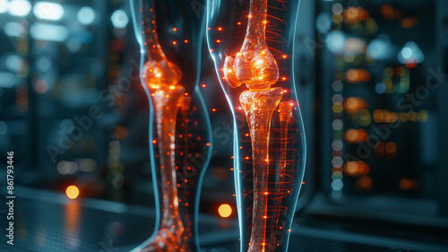 an editorial style photo of a knee beening scanned , medical motion graphics.generative ai photo