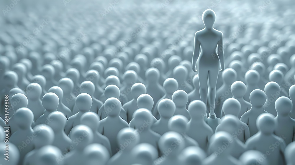 Obraz premium One figure standing out from a crowd of identical figures, ideal for leadership blogs, individuality articles, and business content. Unique and inspiring.