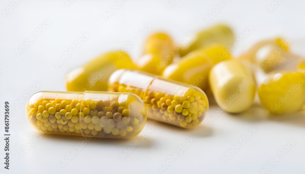 Yellow And White Pills Scattered On White Surface Yellow And White Pills Scattered On White Surface