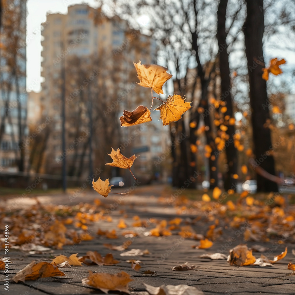 Autumn leaf fall on the background of the urban landscape Autumn leaf fall on the background of the urban landscape