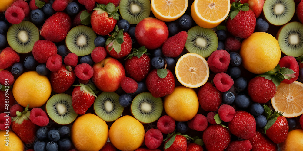Lebendiges Stillleben aus verschiedenen frischen Früchten wie Orangen, Zitronen, Erdbeeren, Himbeeren und Kiwis, das eine beeindruckende Vielfalt an Farben und Texturen zeigt Lebendiges Stillleben aus verschiedenen frischen Früchten wie Orangen, Zitronen, Erdbeeren, Himbeeren und Kiwis, das eine beeindruckende Vielfalt an Farben und Texturen zeigt
