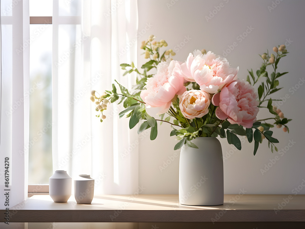 Close up of bouquet of peonies flowers in a vase on table, natural light and blurry background Close up of bouquet of peonies flowers in a vase on table, natural light and blurry background