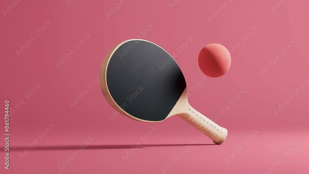 A mockup of a black and red table tennis racket with a ball, shown in a no-gravity setting, ideal for a ping-pong game template A mockup of a black and red table tennis racket with a ball, shown in a no-gravity setting, ideal for a ping-pong game template