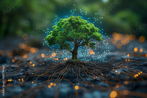 Tree with soil growing on the converging point of computer circuit board. Generative AI
