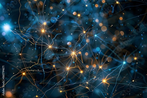 An intricate web of glowing lines and nodes on a dark blue background, resembling a network or neural connections with bright points of light.