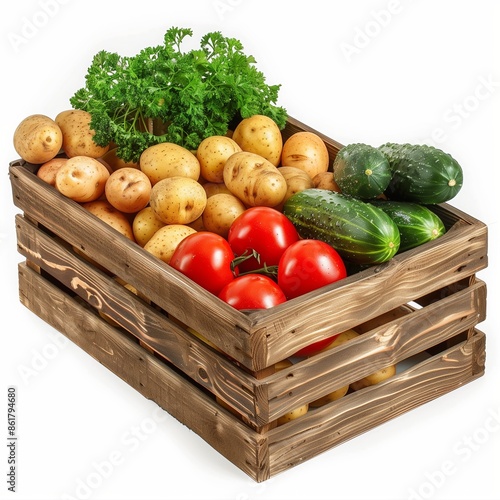  wooden box with vegetables tomatoes, cucumbers, potatoes and herbs on a white background