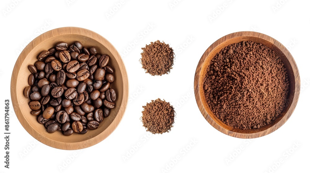 Flat lay of Roasted Coffee beans and ground coffee in wooden bowl isolated on white background. Clipping path. Flat lay of Roasted Coffee beans and ground coffee in wooden bowl isolated on white background. Clipping path.