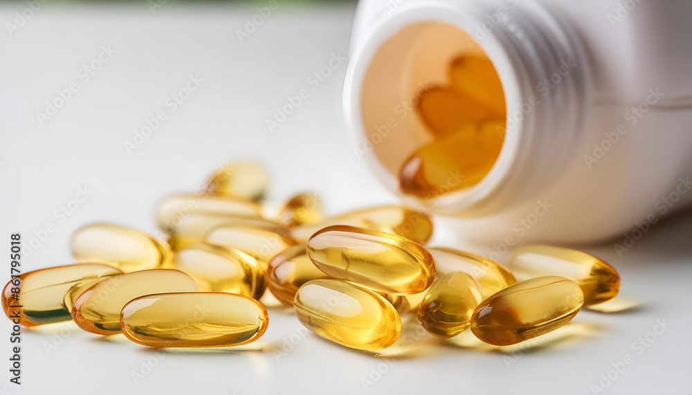 Golden Fish Oil Capsules Spilled From Bottle On White Surface Golden Fish Oil Capsules Spilled From Bottle On White Surface