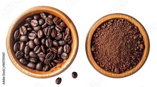 Flat lay of Roasted Coffee beans and ground coffee in wooden bowl isolated on white background. Clipping path.