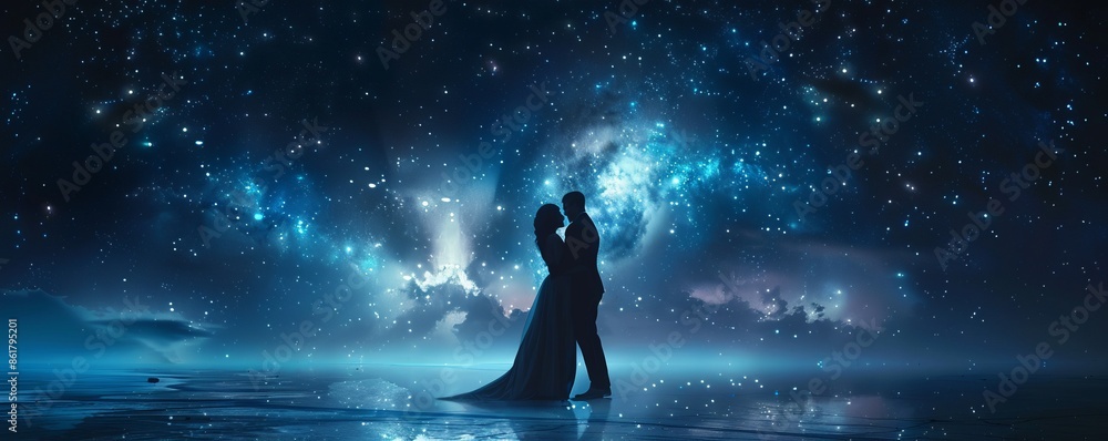 Naklejka premium A couple slow dancing under a starry sky, their movements graceful and fluid as they move to the music.