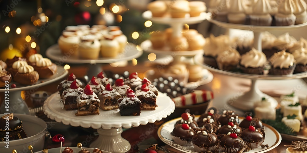 Naklejka premium Festive indoor setting with assorted desserts and warm holiday ambiance. Concept Holiday Party Theme, Dessert Tablescape, Festive Decor, Warm Atmosphere