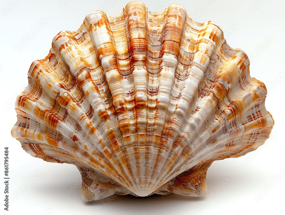 Close-up of a beautifully patterned seashell with orange and white stripes, isolated on a white background. Close-up of a beautifully patterned seashell with orange and white stripes, isolated on a white background.