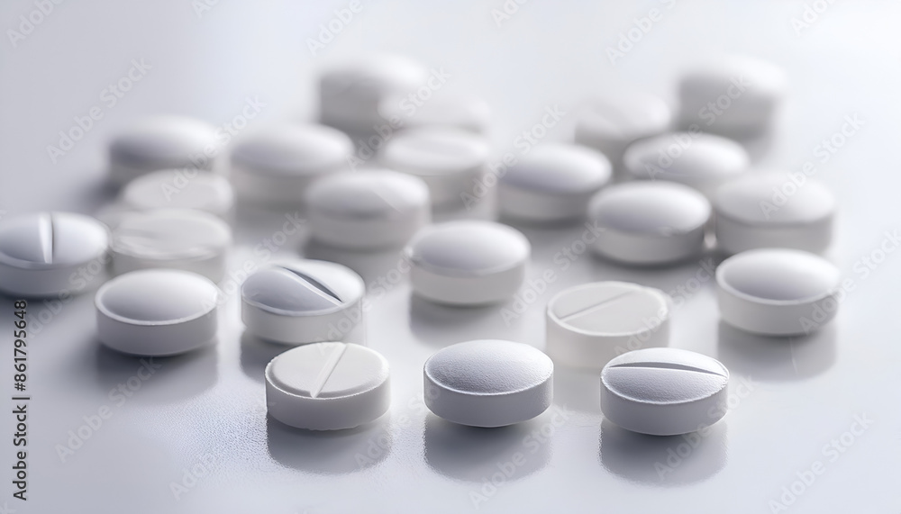 White Round Pills With A Single Score Line On White Surface White Round Pills With A Single Score Line On White Surface