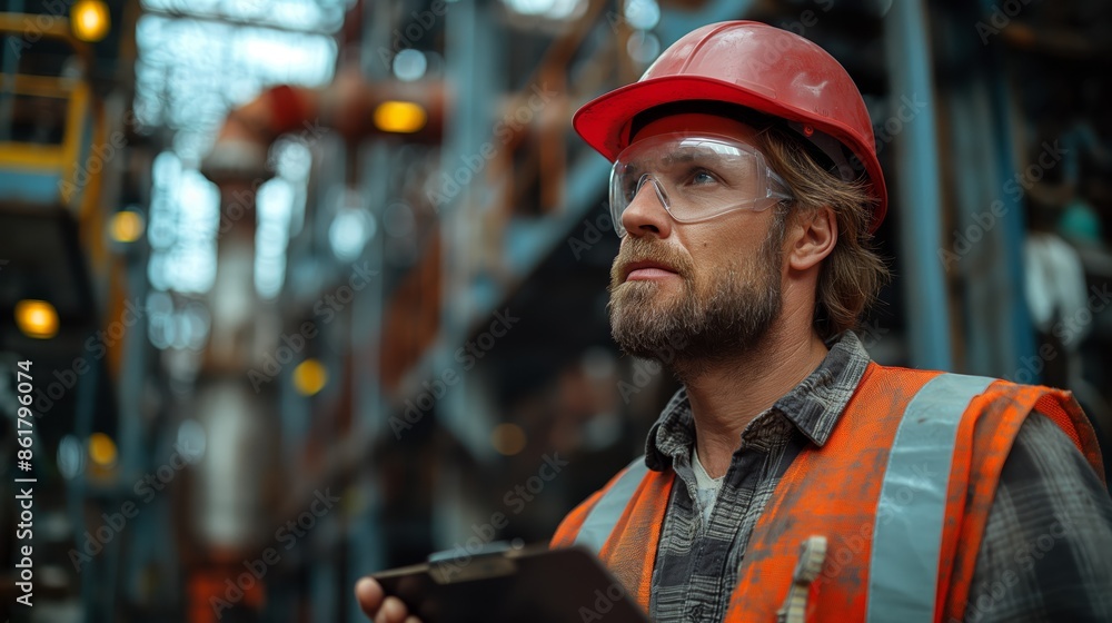 Safety supervisor at construction site, wearing hard hat, high-visibility vest, and safety glasses, holding clipboard and pen, inspecting worker's safety harness, construction equipment in Safety supervisor at construction site, wearing hard hat, high-visibility vest, and safety glasses, holding clipboard and pen, inspecting worker's safety harness, construction equipment in