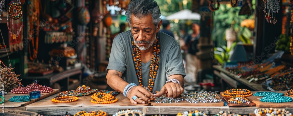 Obraz premium A street vendor selling handmade jewelry from a quaint market stall, showcasing intricate designs and craftsmanship.