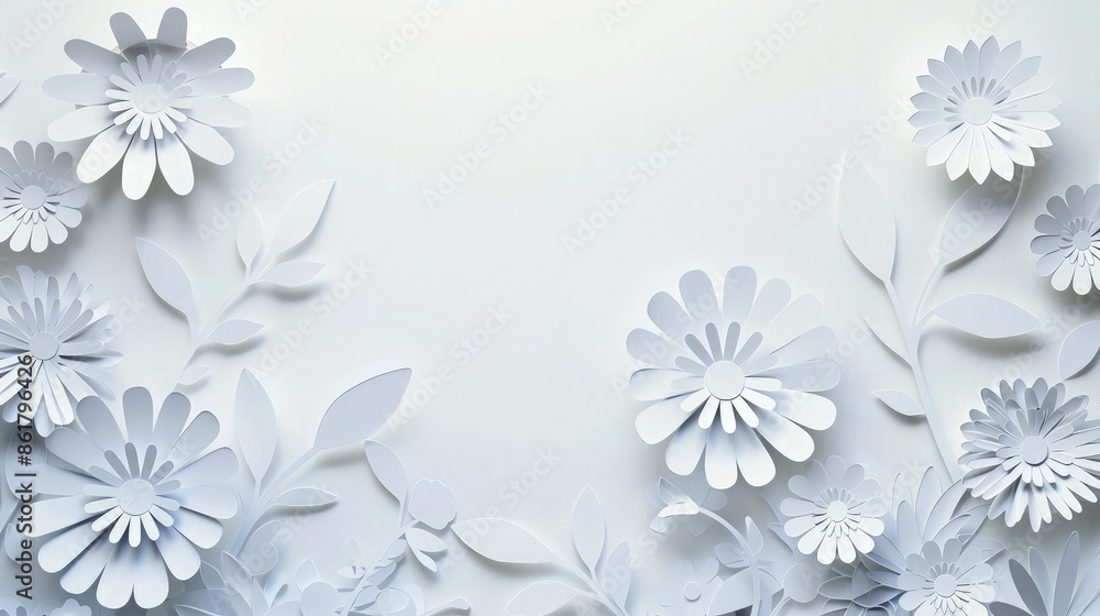 White background with paper cut style white flowers with space for text. White background with paper cut style white flowers with space for text.